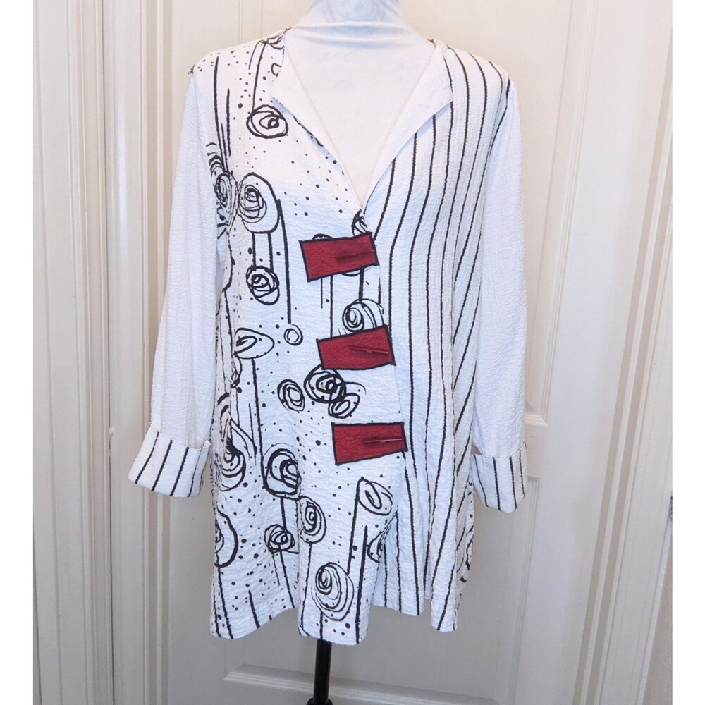 Ali Miles Tunic Top White Black Art to Wear Bohemian Statement Size Medium